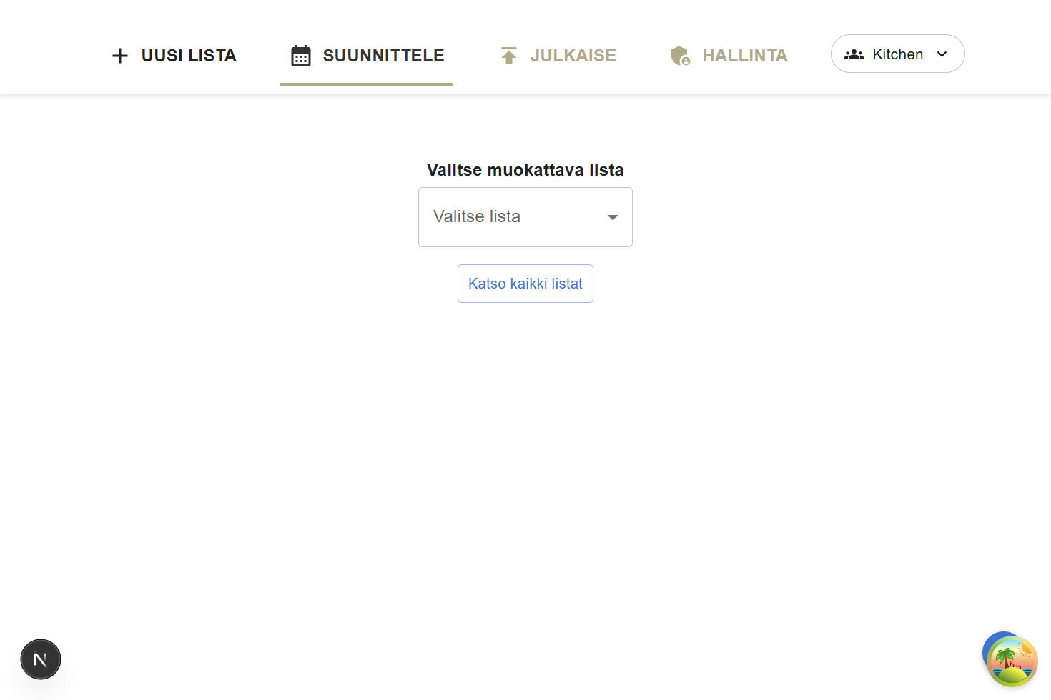 Työvuorolistan uusi päänavigaatio, jossa tärkeimmät näkymät ja tiiminvalitsin näkyvät yhdellä rivillä