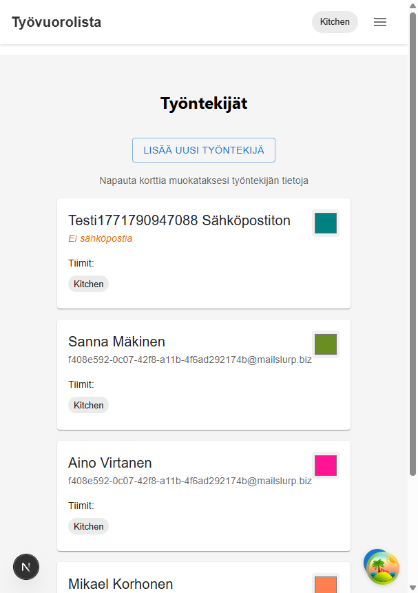 Työntekijät-näkymä näyttää puuttuvan sähköpostin